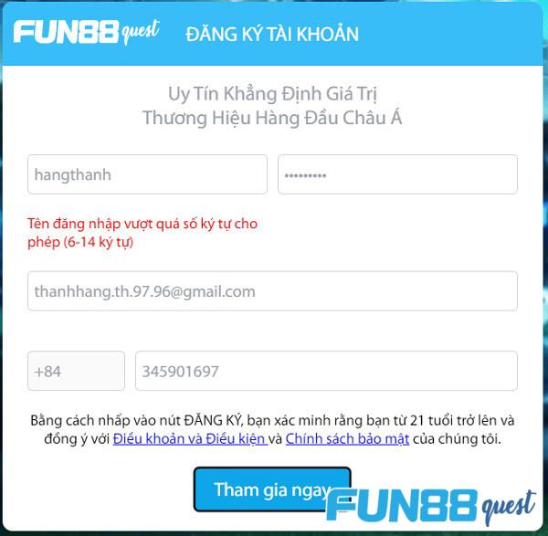 Biểu mẫu đăng ký tài khoản Fun88
